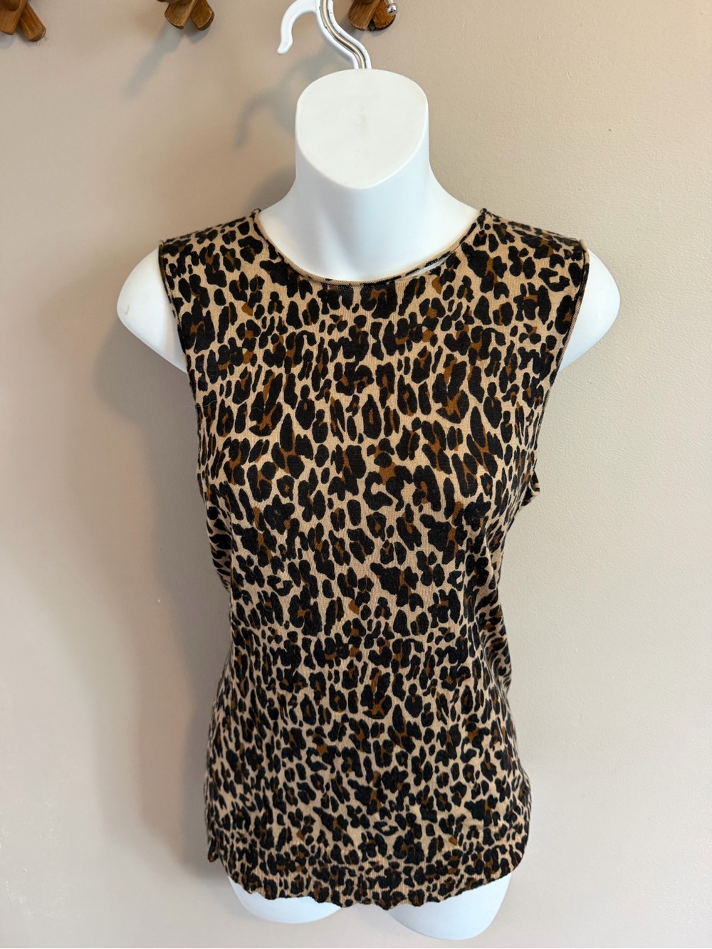 Tory Burch Leopard Print Wool Shell Knit Tank Top Gold Logo Zipper Tan M *flaw